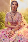 Shop_Aneesh Agarwaal_Pink Organza Embellished Sequin Scoop Neck Foliage Bead Bridal Lehenga Set _Online_at_Aza_Fashions