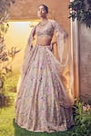 Buy_Aneesh Agarwaal_Grey Organza Embellished Sequin V Neck Foliage Pattern Bridal Lehenga Set_at_Aza_Fashions