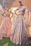 Aneesh Agarwaal_Grey Organza Embellished Sequin V Neck Foliage Pattern Bridal Lehenga Set_Online_at_Aza_Fashions