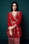 Shop_Suave_Red Kurta Dola Silk Embroidery Dori V Surkh Sequin Work Peplum With Sharara _Online_at_Aza_Fashions