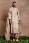 Buy_Sue Mue_Peach Kurta  Handwoven Silk Tissue Hand Embroidered Dori Naznin Trouser Set _at_Aza_Fashions