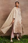 Shop_Sue Mue_Peach Kurta  Handwoven Silk Tissue Hand Embroidered Dori Naznin Trouser Set _Online_at_Aza_Fashions