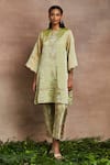 Buy_Sue Mue_Green Kurta  Handwoven Silk Tissue Hand Embroidered Shaizen And Trouser Set _at_Aza_Fashions