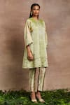 Buy_Sue Mue_Green Kurta  Handwoven Silk Tissue Hand Embroidered Shaizen And Trouser Set _Online_at_Aza_Fashions