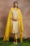 Buy_Sue Mue_Yellow Kurta  Handwoven Silk Tissue Hand Embroidered Nazma Trouser Set _at_Aza_Fashions