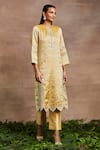 Shop_Sue Mue_Yellow Kurta  Handwoven Silk Tissue Hand Embroidered Nazma Trouser Set _Online_at_Aza_Fashions