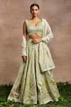 Buy_Sue Mue_Green Lehenga  Handwoven Silk Tissue Hand Embroidered Thread V Shamsia Set _at_Aza_Fashions