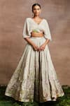 Buy_Sue Mue_Silver Handwoven Silk Tissue Embroidery Lotus V Kyda Hand Lehenga With Blouse _at_Aza_Fashions