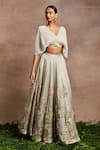 Sue Mue_Silver Handwoven Silk Tissue Embroidery Lotus V Kyda Hand Lehenga With Blouse _Online_at_Aza_Fashions