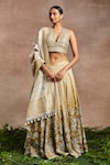 Buy_Sue Mue_Yellow Handwoven Silk Tissue Embroidery Hannah Flower Lehenga Set _at_Aza_Fashions