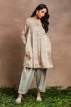 Buy_Sue Mue_Peach Handwoven Silk Tissue Naba Hand Butti Kurta Salwar Set _Online_at_Aza_Fashions