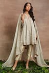 Buy_Sue Mue_Silver Handwoven Silk Tissue Hand Embroidery Dori Notched Janna Anarkali Set _at_Aza_Fashions