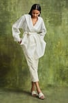 Buy_Sue Mue_Off White Handwoven Chanderi Cotton Nadia Wrap Shirt Trouser Set _at_Aza_Fashions
