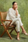 Shop_Sue Mue_Off White Banarasi Handwoven Jacquard Mulmul Hajra Pattern Shirt Trouser Set _Online_at_Aza_Fashions