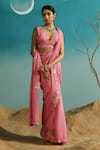 Paaprika_Pink Georgette Sequins V-neck Placement Embroidered Saree With Blouse _Online_at_Aza_Fashions