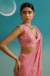 Paaprika_Pink Georgette Sequins V-neck Placement Embroidered Saree With Blouse _at_Aza_Fashions
