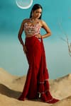 Paaprika_Red Georgette Embroidery Pre-draped Saree With Belt _Online_at_Aza_Fashions