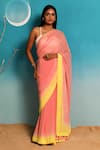 Buy_Paaprika_Peach Pure Georgette Contrast Ombre Border Saree With Unstitched Blouse Fabric _at_Aza_Fashions