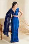 Shop_Flamingo the label_Blue Saree Chiffon Hand Embroidered Blouse Floral Notched V Pre-stitched With_at_Aza_Fashions