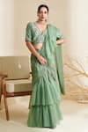 Buy_Flamingo the label_Green Saree Chiffon Hand Embroidered Blouse Golden And Pre-draped Ruffle With _at_Aza_Fashions