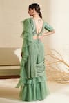 Shop_Flamingo the label_Green Saree Chiffon Hand Embroidered Blouse Golden And Pre-draped Ruffle With _at_Aza_Fashions