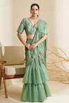 Buy_Flamingo the label_Green Saree Chiffon Hand Embroidered Blouse Golden And Pre-draped Ruffle With _Online_at_Aza_Fashions