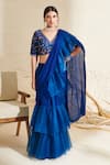 Buy_Flamingo the label_Blue Saree Chiffon Hand Embroidered Blouse Pre-draped Ruffle With Floral _at_Aza_Fashions