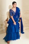 Shop_Flamingo the label_Blue Saree Chiffon Hand Embroidered Blouse Pre-draped Ruffle With Floral _at_Aza_Fashions