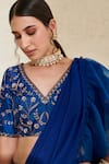 Shop_Flamingo the label_Blue Saree Chiffon Hand Embroidered Blouse Pre-draped Ruffle With Floral _Online_at_Aza_Fashions