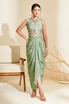 Buy_Flamingo the label_Green Chiffon Hand Embroidered Blouse Floral Mandarin Collar With Draped Skirt_at_Aza_Fashions