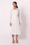 SHIMONA_Off White Organic Cotton Solid Shirt Collar Tiered Dress _Online_at_Aza_Fashions