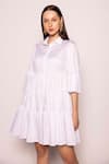 Buy_SHIMONA_White Cotton Satin Solid Shirt Collar Pearl On The Beach Tiered Dress _Online_at_Aza_Fashions
