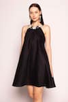 SHIMONA_Black Satin Crepe Embroidered Thread Little Floral Placement Dress  _Online_at_Aza_Fashions