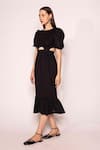 SHIMONA_Black Satin Crepe Solid Round Cut-out Dress  _Online_at_Aza_Fashions