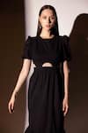 Shop_SHIMONA_Black Satin Crepe Solid Round Cut-out Dress  _Online_at_Aza_Fashions