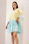 Buy_SHIMONA_Yellow Cotton Satin Pleated Round Iris Water Shaded Tiered Dress _Online_at_Aza_Fashions