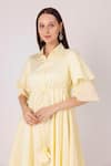 SHIMONA_Yellow Cotton Satin Shirt Collar Iris Waist Tie Layered Dress _at_Aza_Fashions