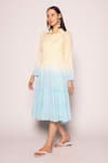 Shop_SHIMONA_Yellow Organic Cotton Shirt Collar Iris Water Shaded Tiered Midi Dress  _at_Aza_Fashions