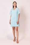 Buy_SHIMONA_Blue Cotton Satin Collared V Iris Straight Short Dress  _at_Aza_Fashions