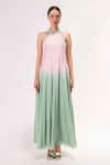 SHIMONA_Pink 100% Silk Crepe Halter Neck Embroidered Gown  _Online_at_Aza_Fashions