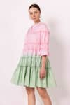 SHIMONA_Pink Cotton Satin Round Collar Tiered Short Dress  _Online_at_Aza_Fashions