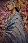 Buy_Shilpi Gupta_Grey Metallic Organza Applique Embroidered Mercury Flared Saree Gown _Online_at_Aza_Fashions