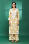 The Chikankarists_Yellow Mul Cotton Printed Kurta And Chikankari Palazzo Set_Online_at_Aza_Fashions