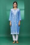 The Chikankarists_Blue Denim Cotton Floral Chikankari Kurta_Online_at_Aza_Fashions