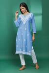 Buy_The Chikankarists_Blue Denim Cotton Floral Chikankari Kurta_Online_at_Aza_Fashions