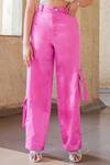Style Junkiie_Pink Satin Solid Cargo Pant _Online_at_Aza_Fashions