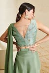 Flamingo the label_Green Saree Chiffon Hand Embroidered Blouse Floral Notched V Pre-stitched With_at_Aza_Fashions