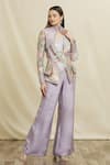 Buy_Samyukta Singhania_Purple Silk Floral Blazer Lapel Collar Art Embellished Pant Set _Online_at_Aza_Fashions