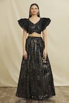 Samyukta Singhania_Black Blouse Chinon Embellished Sequin V Neck Waves Work Lehenga Set_Online_at_Aza_Fashions