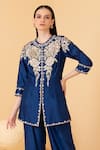 Divi by sonal khandelwal_Blue Chanderi Embroidered Zari Mandarin Collar Floral Long Top With Palazzo _Online_at_Aza_Fashions